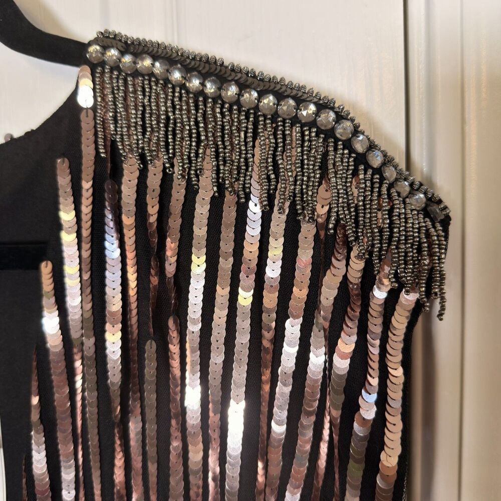 SETA Sarkisian Dress Small NWT Black Gold Sequin Embellished Deep V Maxi Gown - Picture 10 of 16